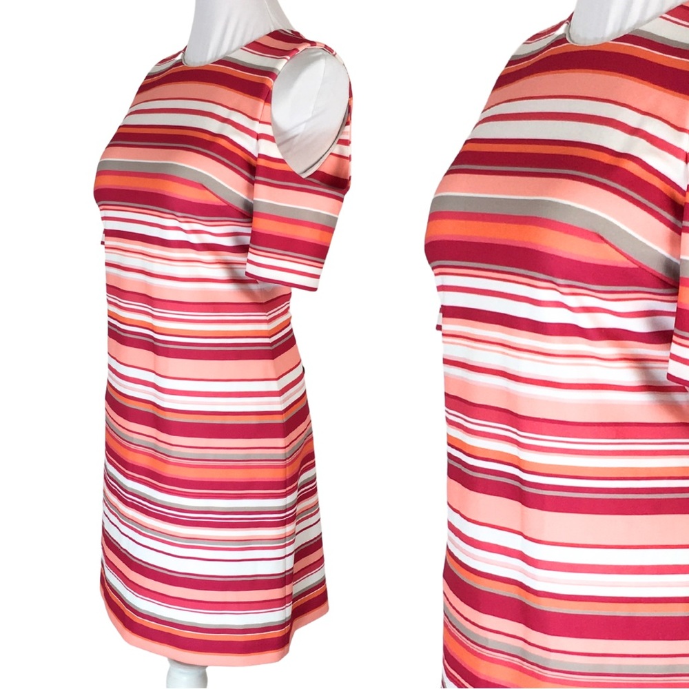 Calvin Klein HIBISCUS Pink Orange Striped Cold Shoulder A-Line Midi Dress size 6 - Picture 3 of 16